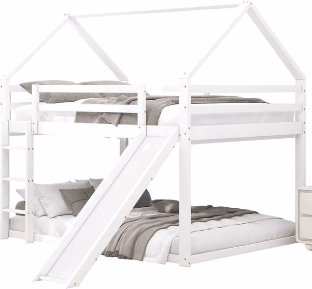Letto a Castello 140×200 cm e 140×200 cm; Letto 4 Posti con Scivolo e Scala; senza Materasso; Bianco