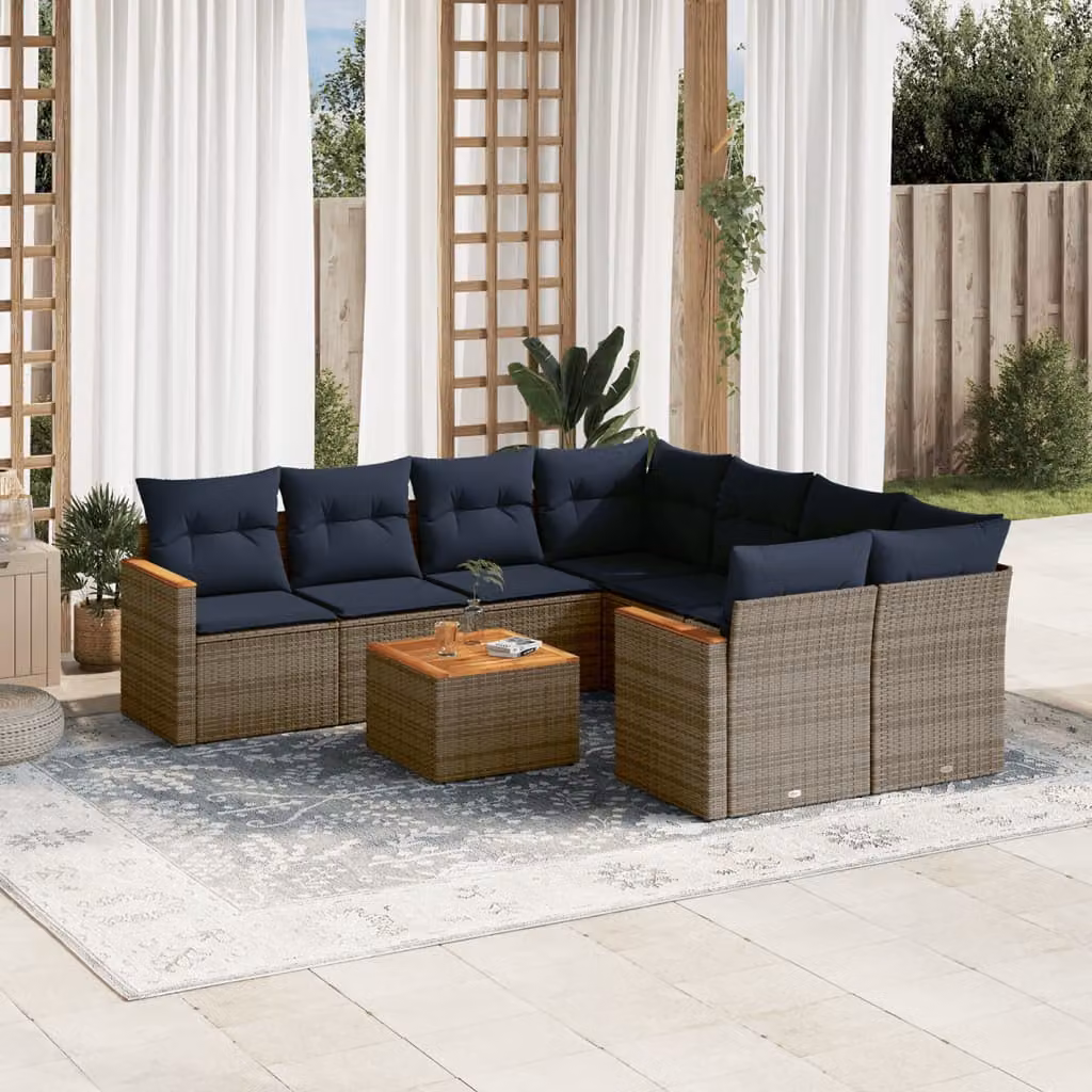 Set Divani da Giardino vidaXL 9 pz a Forma a L con Tavolino e Ottoman, Polyrattan e Acciaio, Grigio e Blu