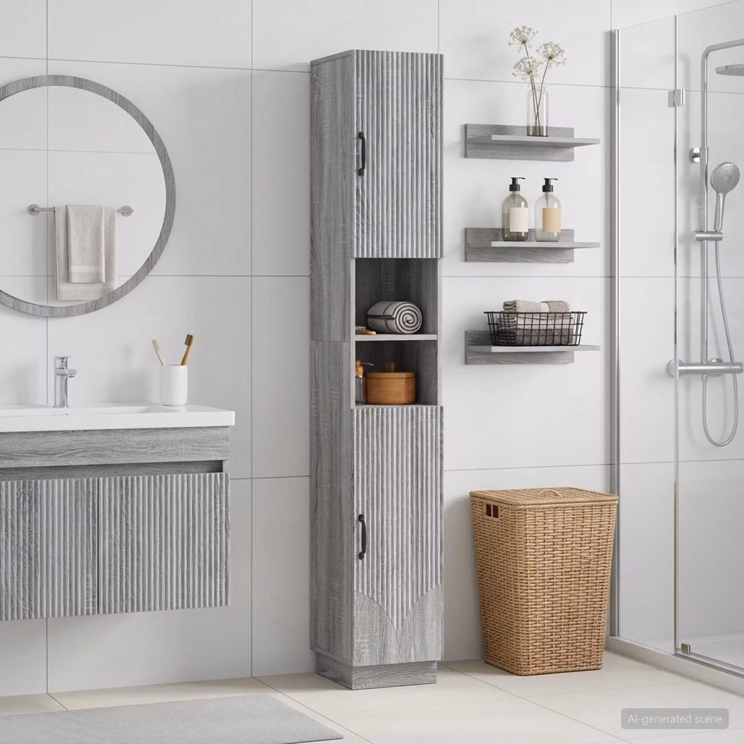Armadio da bagno moderno vidaXL HOORN con ripiano aperto e ante a battente, grigio e nero, L/P/H: 60 x 31 x 187 cm