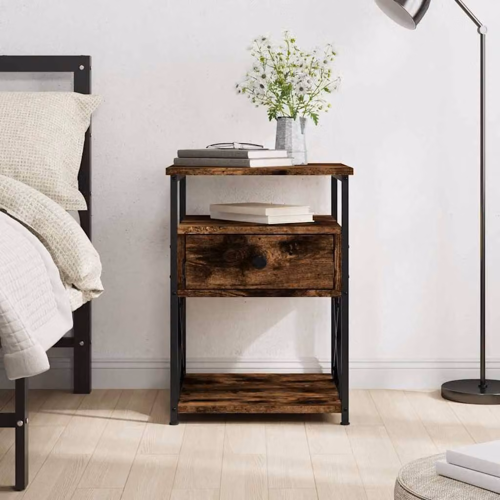 Comodino vidaXL in Rovere Fumo e Legno Multistrato, Colore Marrone, L 40 cm x P 42 cm x H 55 cm