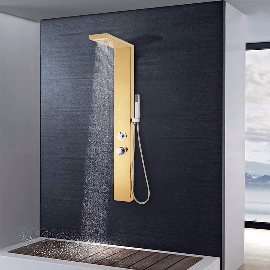 vidaXL Sistema di Pannelli Doccia in Acciaio Inossidabile Oro con Doccino a Mano e Funzioni Rain e Massage – 1