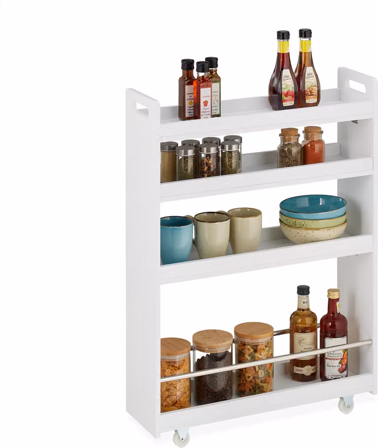 Carrello da nicchia Relaxdays, 4 ripiani, scaffale da nicchia stretto per cucina e bagno, L x P x A: 83,5 x 18 x 59,5 cm, carrello in MDF, bianco