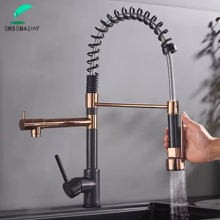 Miscelatore monocomando da cucina - Doccetta estraibile - Doppio beccuccio orientabile a 360° - Montaggio monoforo - Miscelatore caldo/freddo - Cartuccia in Vetroceramica - Corpo in ottone - Nero