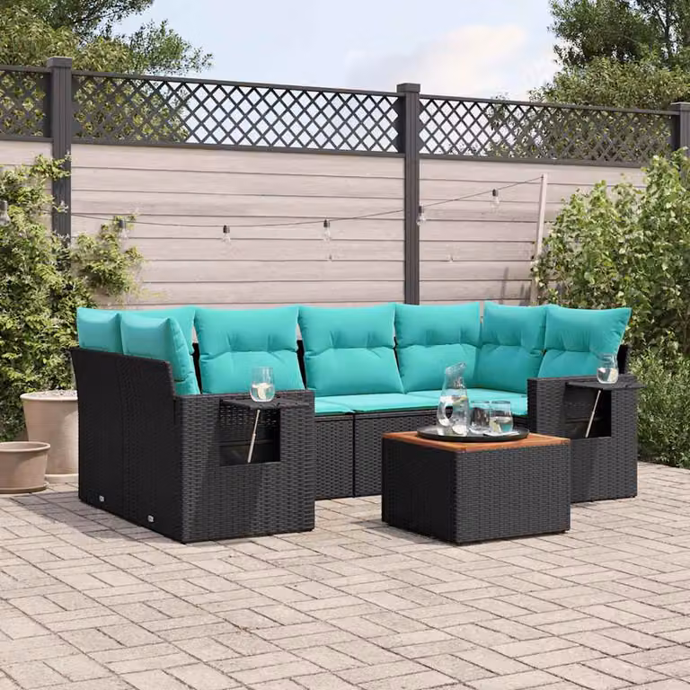 Set da giardino vidaXL in polyrattan nero composto da 7 pezzi con cuscini e tavolino da esterno a forma di L