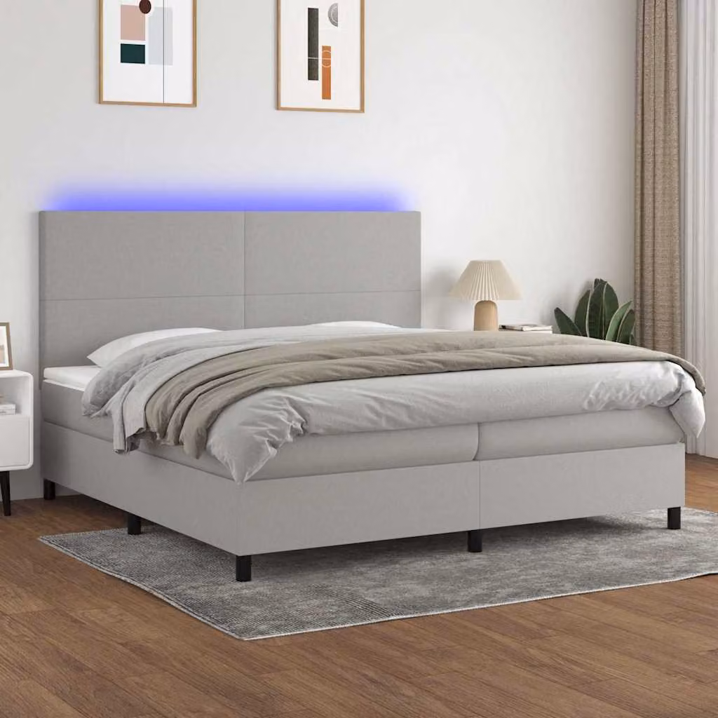 Letto a molle vidaXL con materasso e illuminazione LED, tessuto grigio chiaro, L 200 cm x P 200 cm x H 203 cm – 1