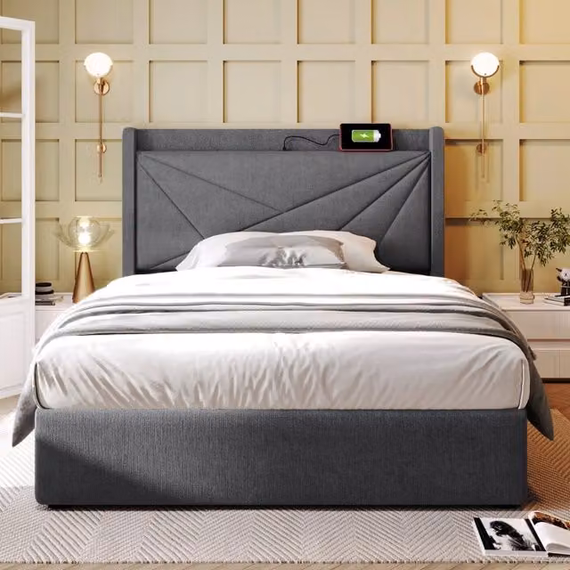 Letto contenitore singolo imbottito 90x200 cm con testiera USB-C e vani; rete a doghe; rivestimento in lino