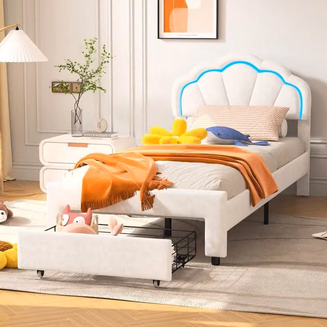 Letto Singolo 90x200 cm per Bambini con LED e Cassetti; Letto Principessa Bambina con Testiera Floreale in Velluto Bianco; Materasso non incluso