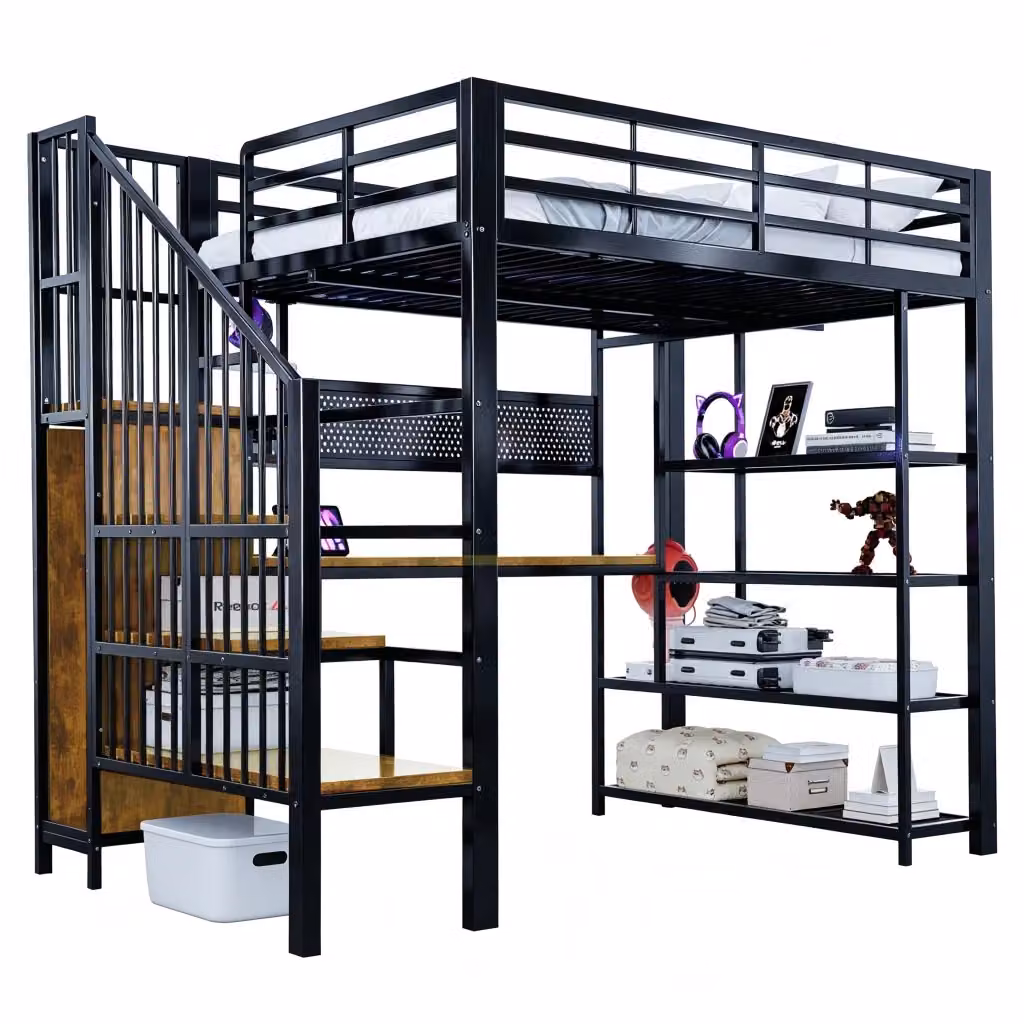 Letto a soppalco Chicfurn nero con scala contenitore, scrivania, illuminazione LED, prese e ripiani, L/P/H: 200 x 140 x 172,5 cm – 2