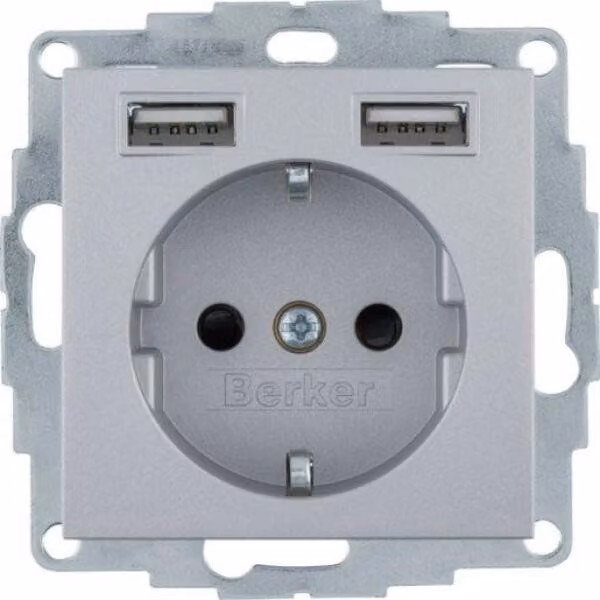 Berker 48031404, Tipo F + 2 x USB A, USB 2.0, Alluminio, Termoplastica, IP20, 250 V