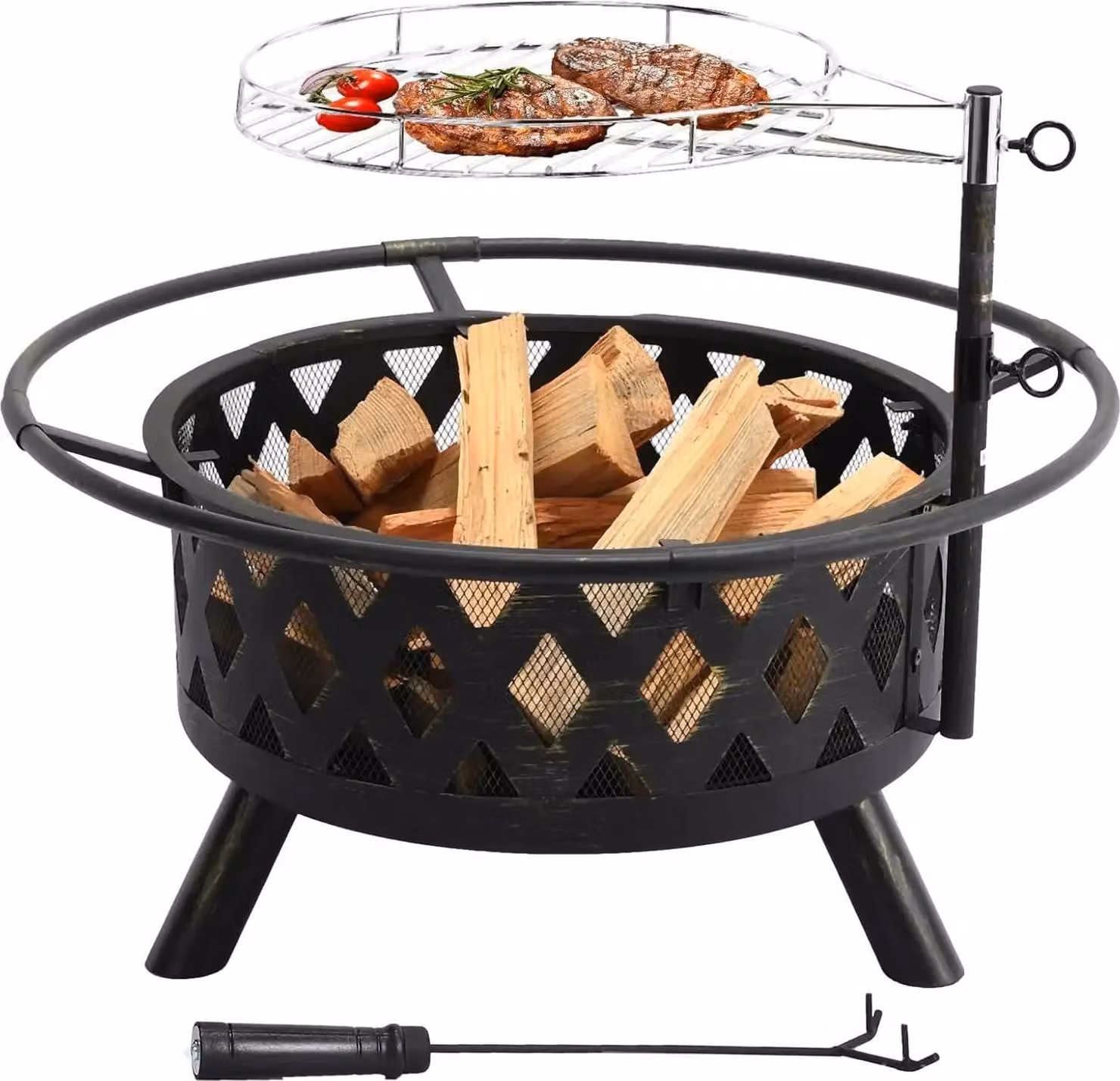 Ciotola per il fuoco - Focolare da giardino con griglia - Ghisa - Griglia a carbone - Griglia regolabile in altezza - Parascintille - Facile da pulire