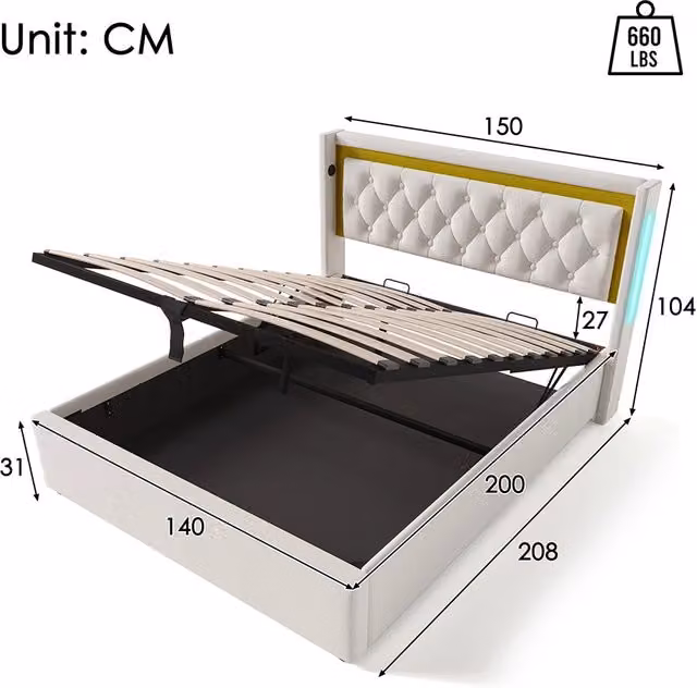 Lit con contenitore LED - Xylo - 140x200 cm Beige - Testiera USB tipo C
