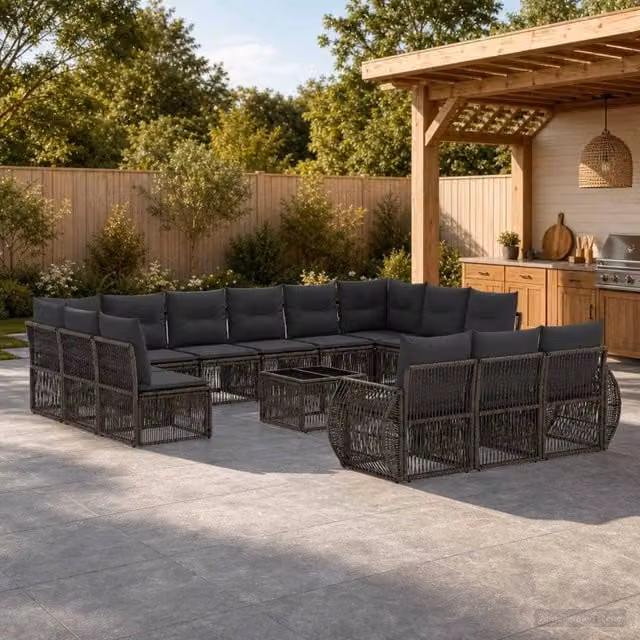 Set Divano da Giardino vidaXL a Forma a U in Polyrattan Grigio e Antracite con 14 Pezzi e Cuscini Inclusi – 1