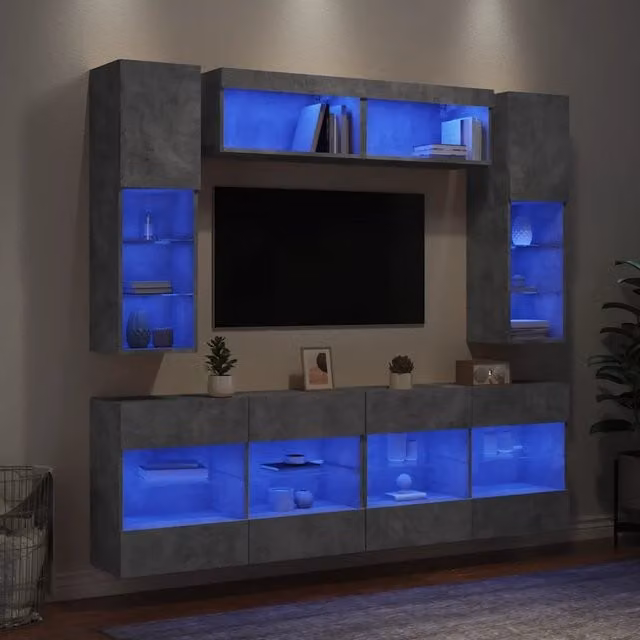 Set di mobili TV a muro moderno vidaXL in 6 pezzi con luci LED, colore grigio, in legno e MDF