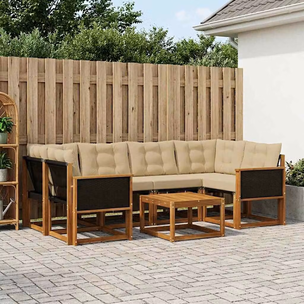 vidaXL Set di divani da esterno 7 pz in legno di acacia e textilene, colore beige, design moderno a L con cuscini inclusi e tavolino da caffè