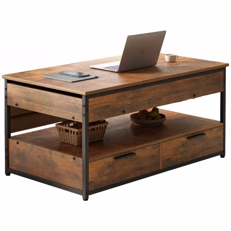 Tavolino da salotto in legno stile loft, allungabile, con cassetti