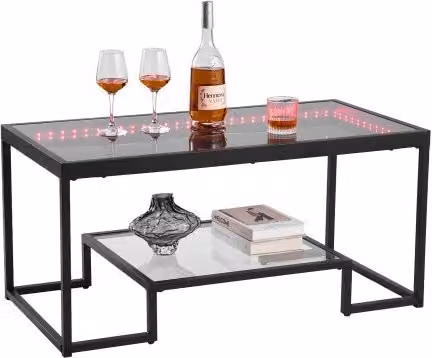 VEVOR Tavolino da Caffè Rettangolare con Due Livelli in Vetro e Metallo Nero per Soggiorno e Ufficio L: 100 cm, P: 51 cm, H: 48 cm
