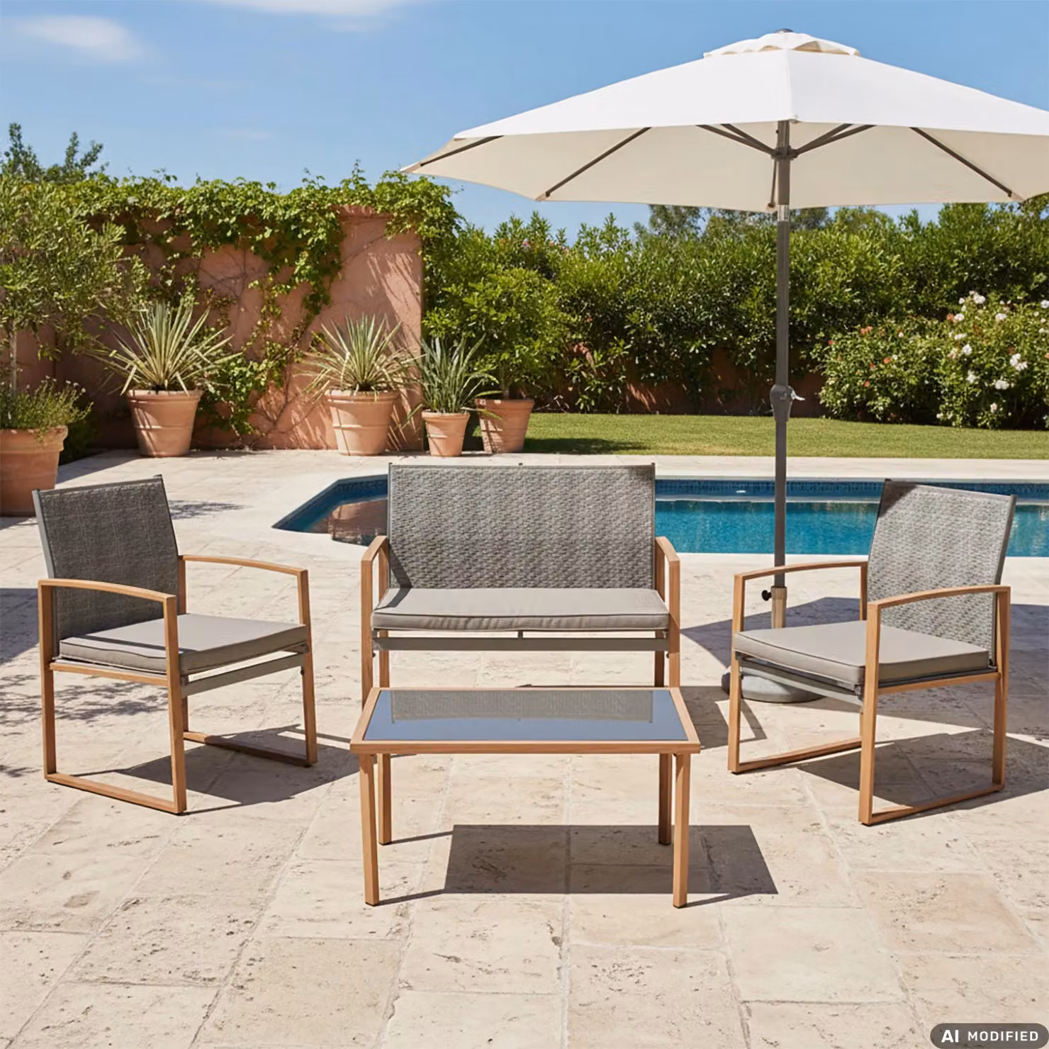 Vestiamo Casa Giardino Set da giardino moderno 4 pezzi in metallo e rattan con piano in vetro, colore grigio e marrone – 2