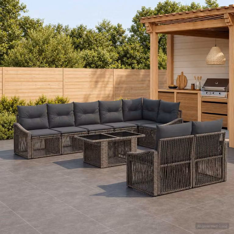 Set Divano da Giardino vidaXL 9 Pezzi a Forma di U in Polyrattan Grigio e Antracite con Tavolino e Cuscini