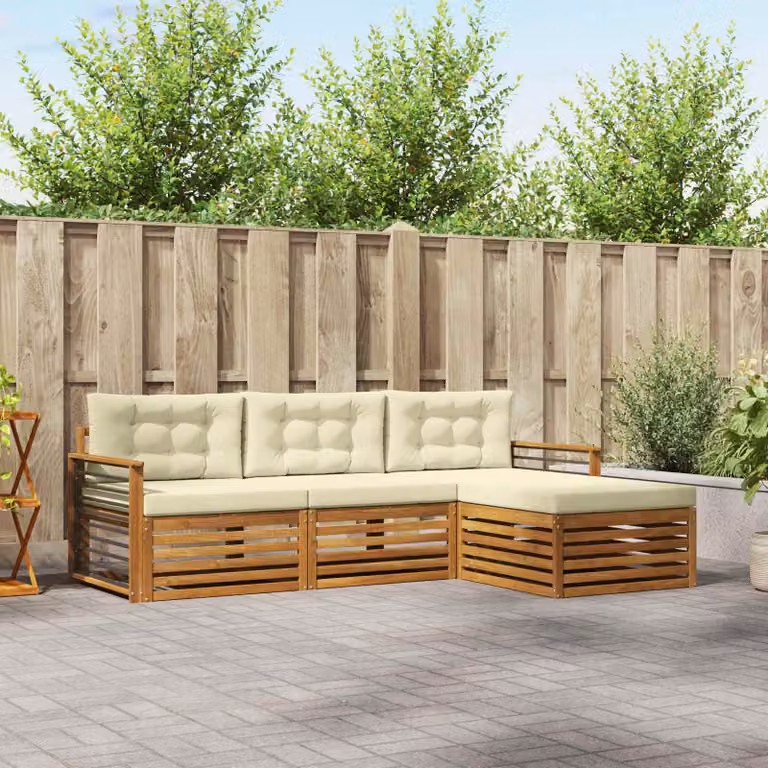 vidaXL Set di divani da esterno a L in legno di acacia con cuscini, beige e bianco