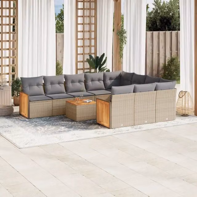 vidaXL Set Divani da Giardino 11 pz in Polyrattan con Cuscini Beige e Grigio a Forma di U
