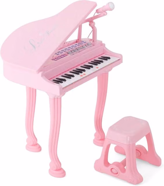 Pianoforte giocattolo multifunzionale con 37 tasti, microfono e sgabello, tastiera portatile rosa per bambini