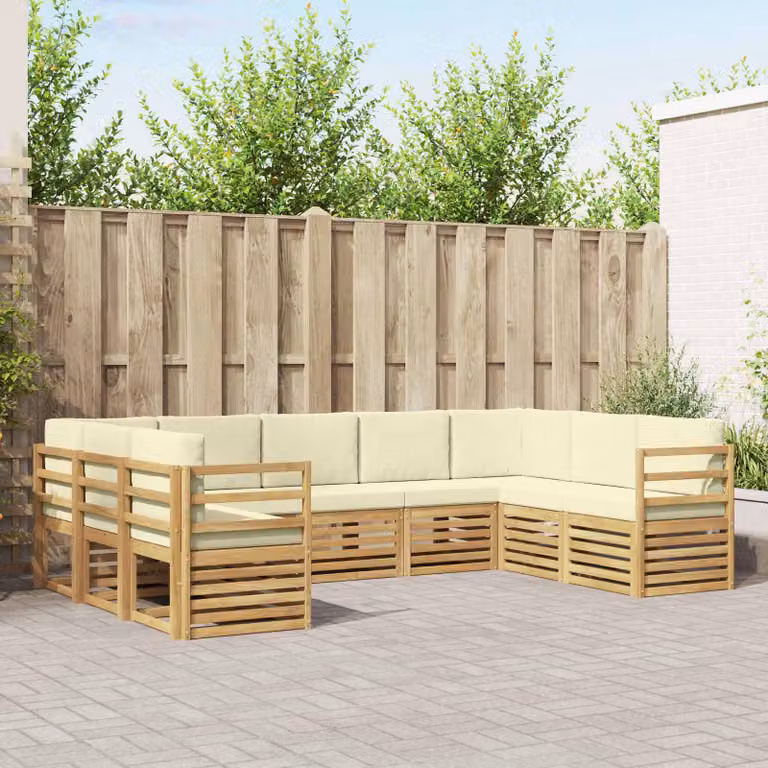 Set di divani da esterno a L vidaXL in legno di acacia con cuscini, Bianco, Beige e Marrone