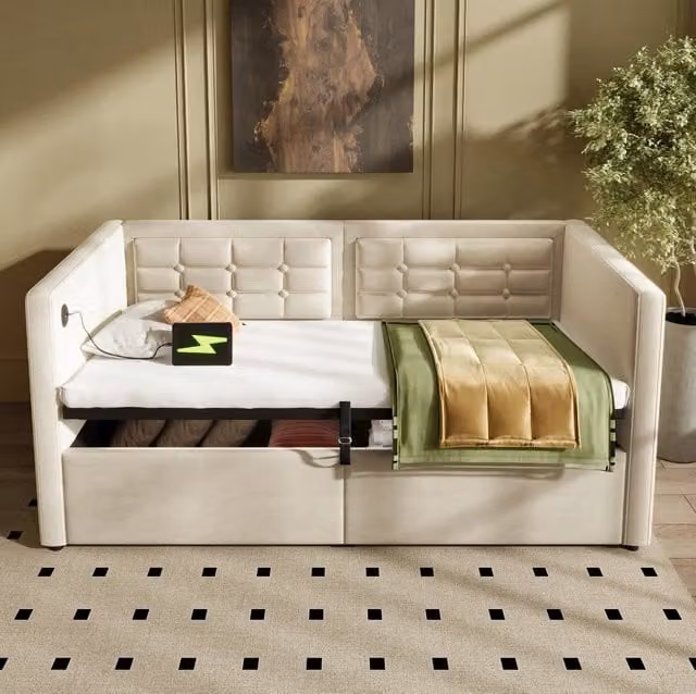 Divano letto singolo con vano contenitore ad apertura idraulica; USB e Type-C; 90x200 cm; velluto beige