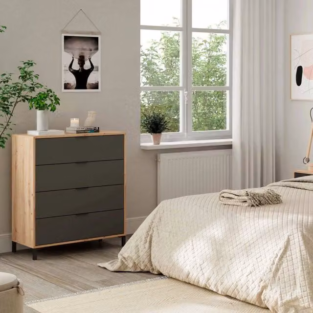 Cassettiera Alfana DMORA con 4 cassetti per camera da letto, stile moderno, Rovere nodi e Antracite, L: 76 cm, P: 40 cm, H: 94 cm