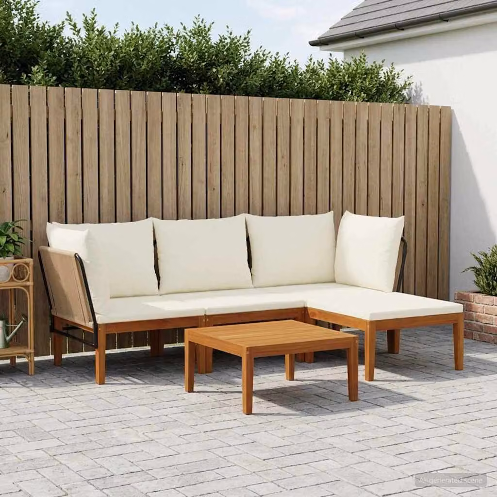 Set da giardino vidaXL in legno di acacia con cuscini, composto da divano angolare a 3 posti, pouf e tavolino da caffè, colore naturale