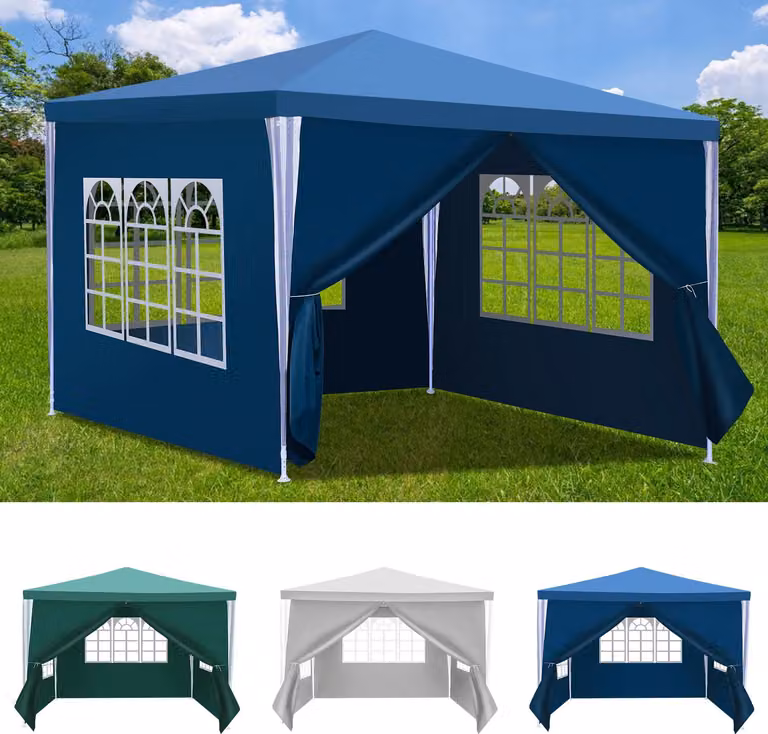 Jayseuw gazebo 3x3m, tenda da giardino impermeabile, protezione UV, con 3 pannelli laterali e 1 ingresso, per giardino terrazza festa, blu
