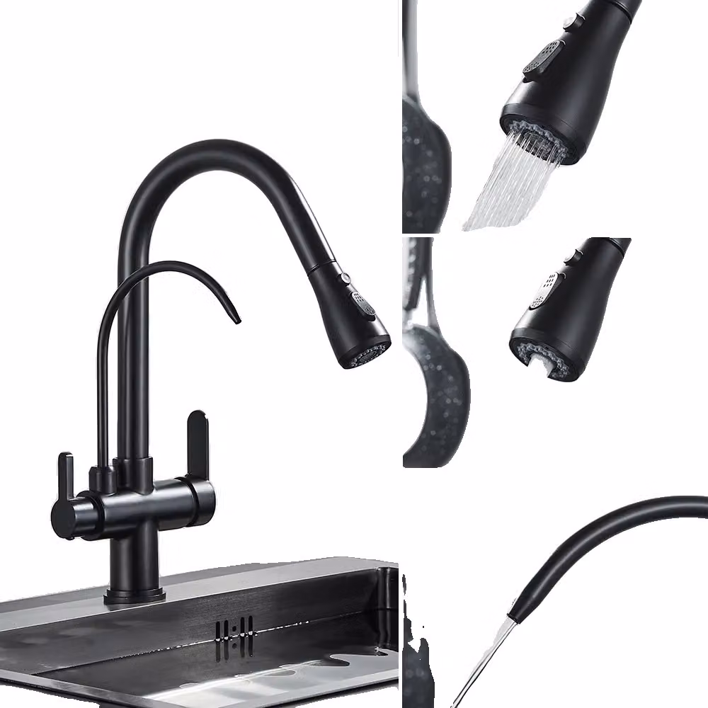 Rubinetto da cucina antico, design estraibile, doppia maniglia, nero opaco