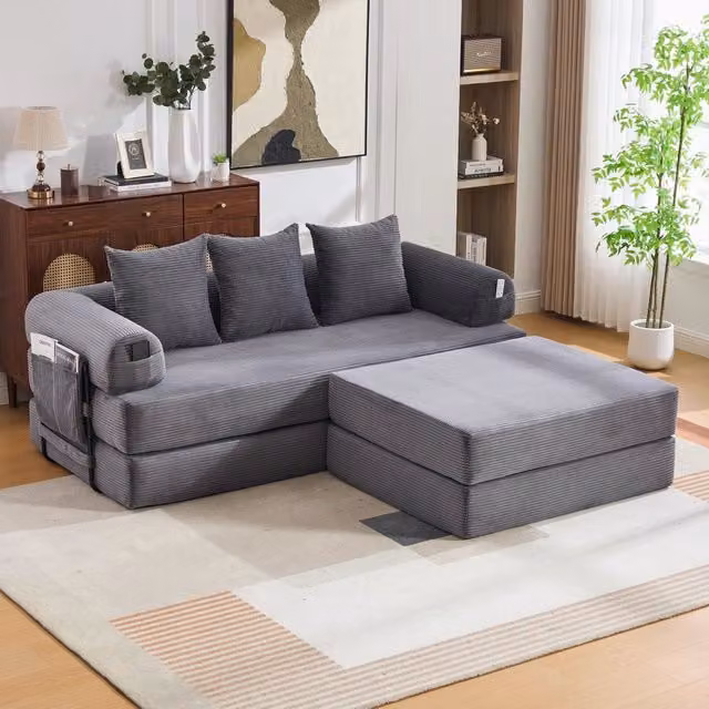 Divano modulare 200x190x67 cm combinabile in velluto a coste grigio scuro