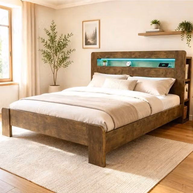 Letto contenitore con testiera LED ¨C Minimal ¨C Legno massello 180x200cm
