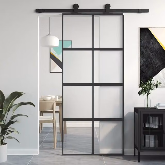Porta Scorrevole vidaXL in Vetro Trasparente e Alluminio Nero L: 90 cm, H: 205 cm