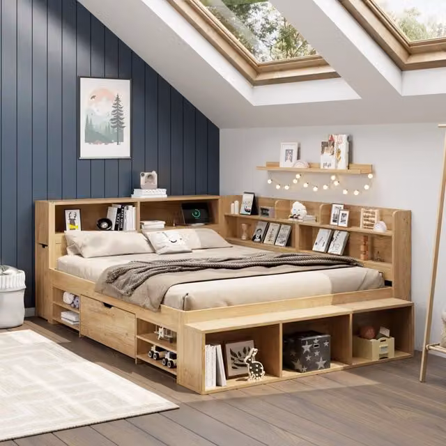 Letto Mivray con cassetti, armadi e ripiani integrati, rete a doghe inclusa, colore beige, L/P: 140 x 200 cm