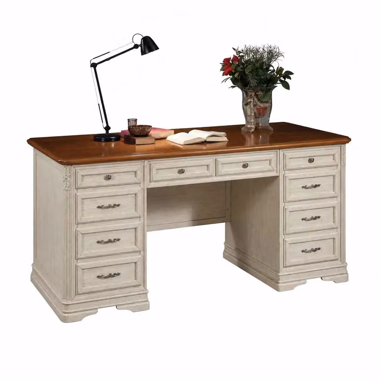 Scrivania classica con 10 cassetti in legno bianco e noce Mobili 2G L: 180 cm, P: 85 cm, H: 82 cm