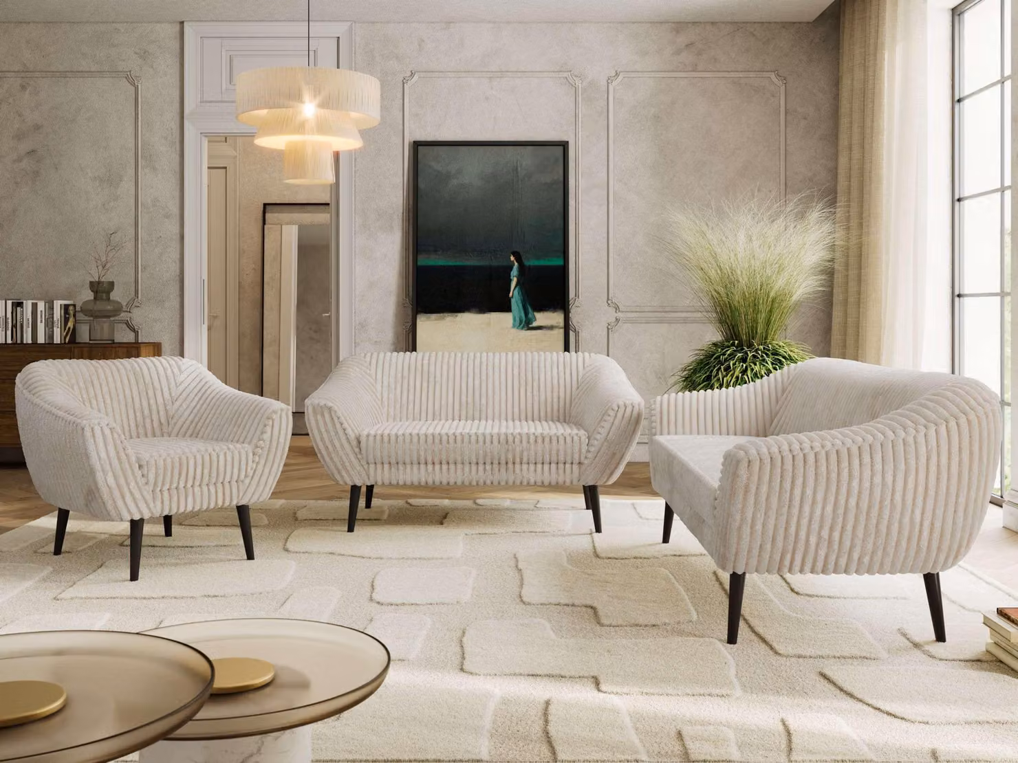 Divano componibile MKS MEBLE PIRS 1-2-3, set completo in stile scandinavo, con sospensioni a molle, gambe nere, gruppo sedute, set di mobili, set con braccioli - color beige