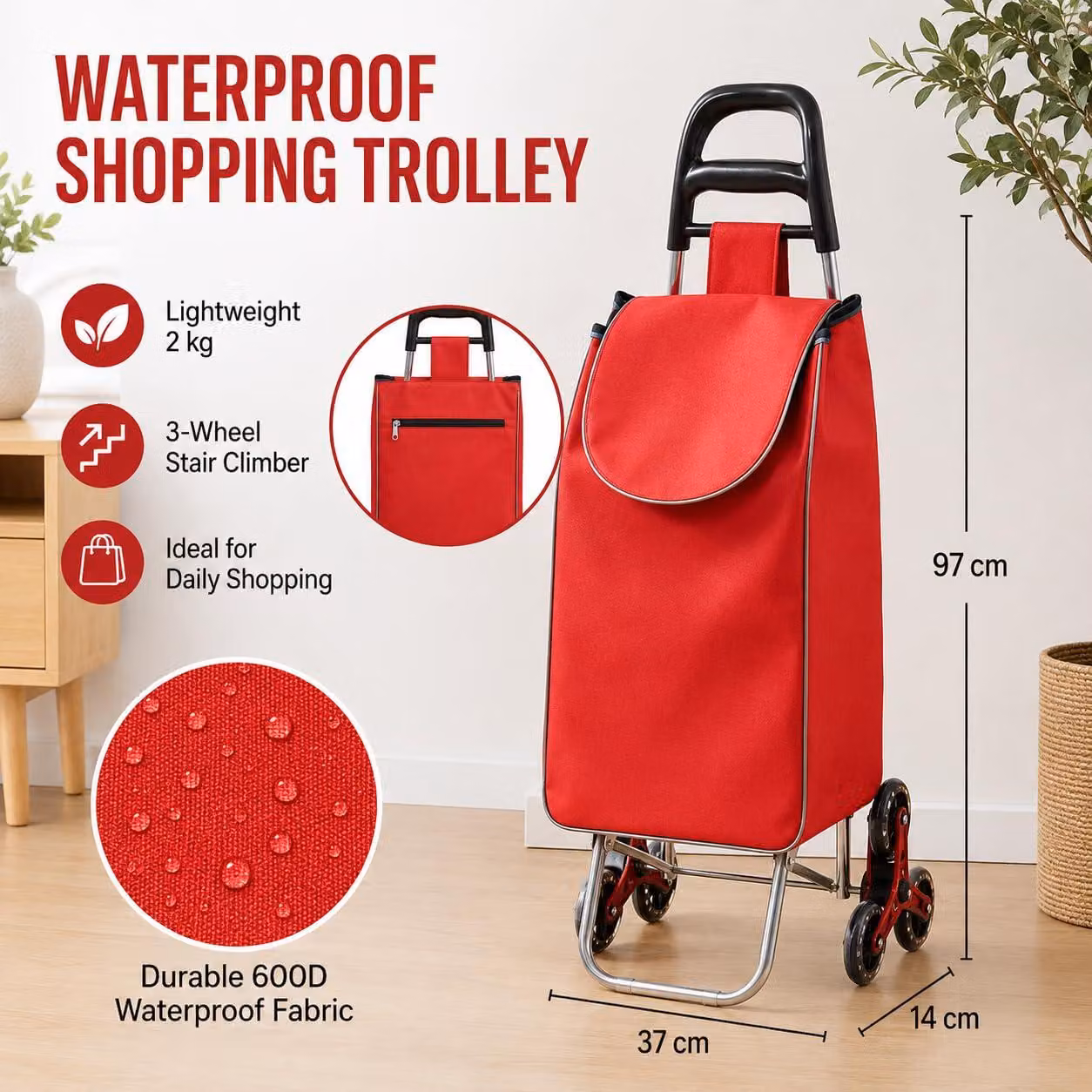 Carrello per la spesa a tre ruote, colore blu