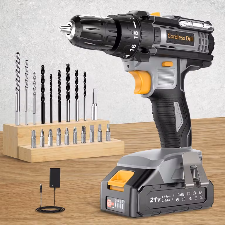 Avvitatore a batteria, trapano avvitatore a batteria da 21 V con batteria da 2,0 Ah, mandrino autoserrante da 10 mm, 2 velocità, 18 + 1 livelli di coppia, set di 21 pezzi
