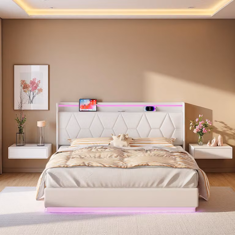 Letto matrimoniale in velluto bianco 160x200 cm, testata imbottita con LED, porte di ricarica, strisce luminose su 3 lati