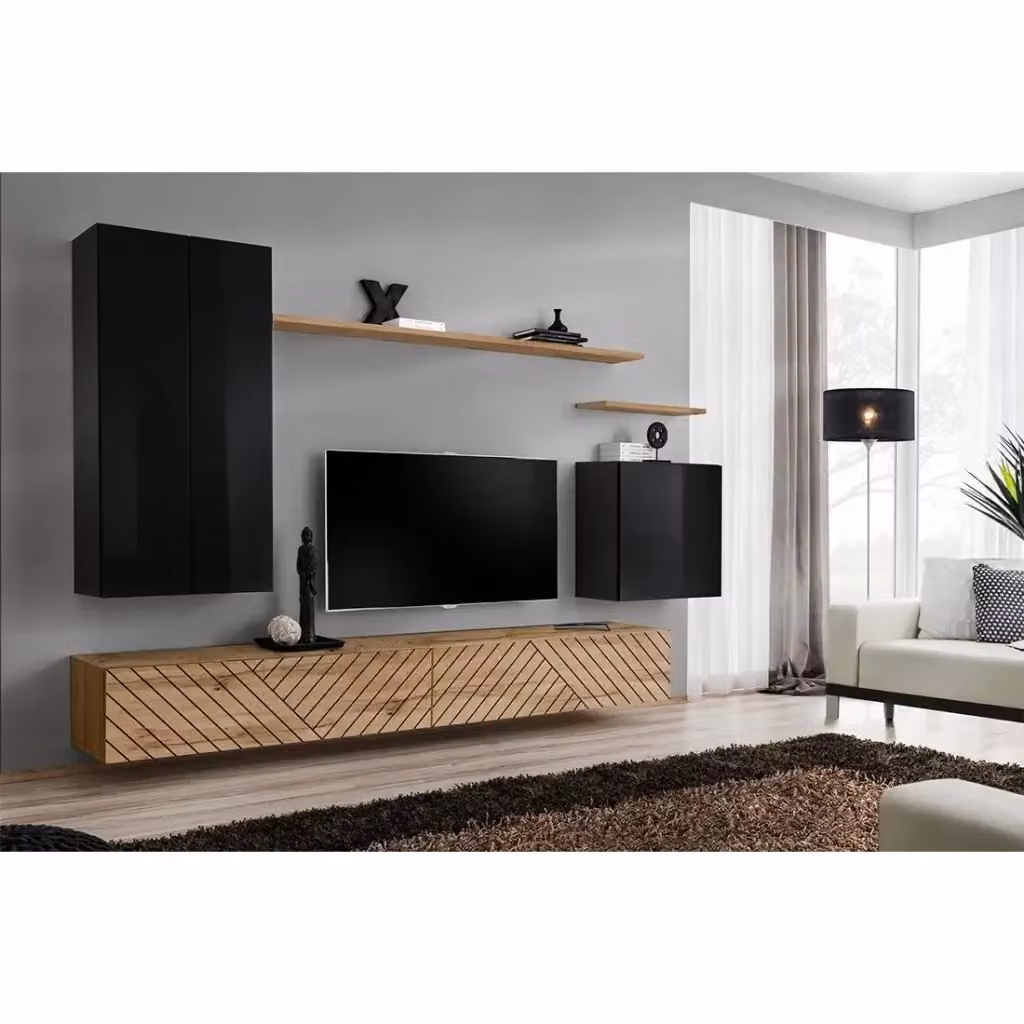 Set mobile soggiorno Meublorama SWITCH II in stile industrial, finiture nero lucido e quercia wotan, L: 270 cm, H: 40 cm, P: 160 cm – 2