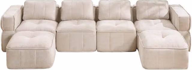 Divano modulare beige a U, 4 posti, rivestimento in tessuto poliestere, schiuma ad alta densità 32D, senza telaio, con 2 pouf, dimensioni 344x162x67 cm