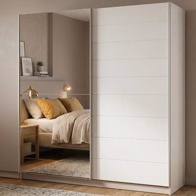 Armadio da camera da letto DMORA con ante scorrevoli e specchio, Bianco Opaco, L: 217 cm, H: 210 cm – 1