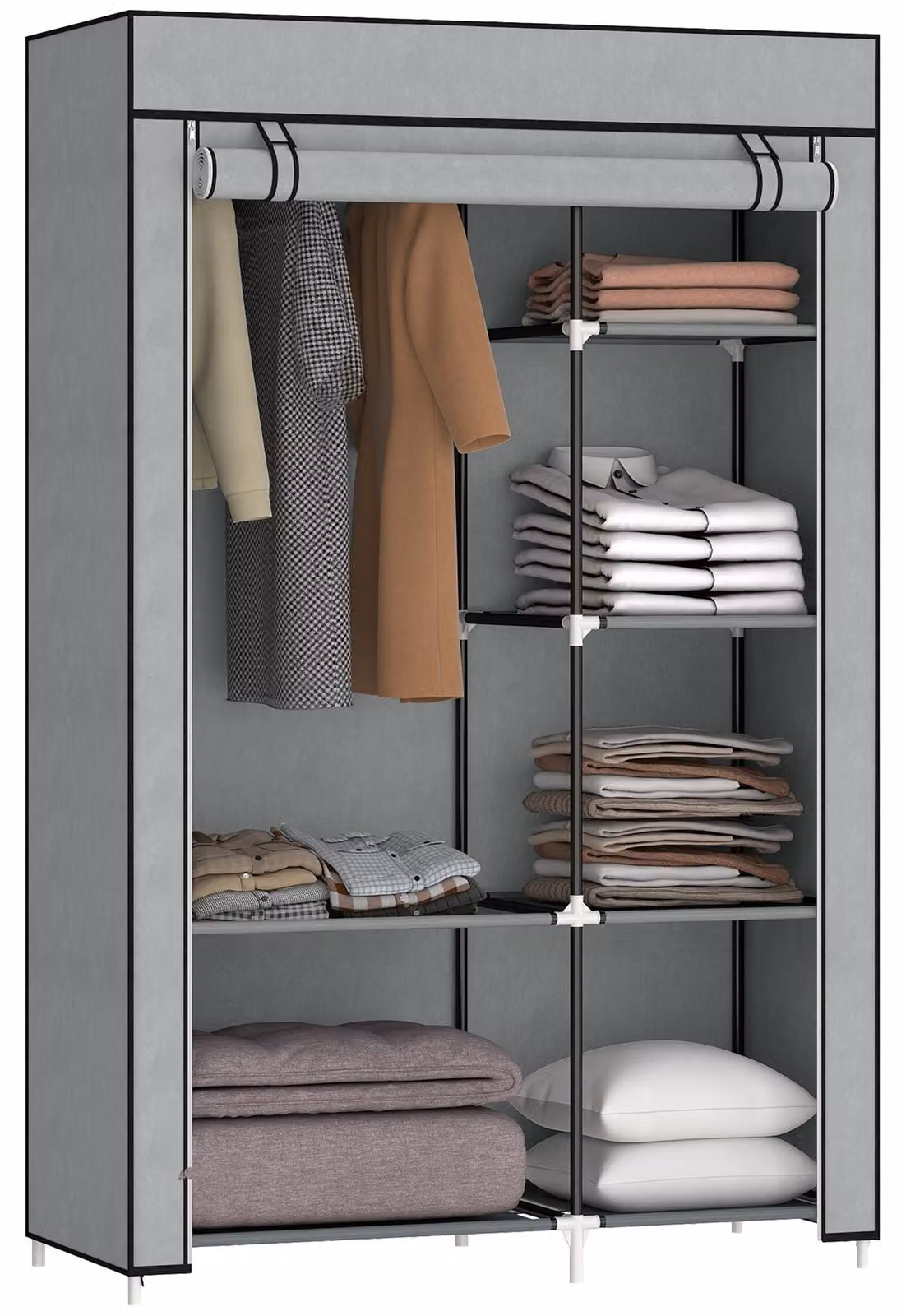 Armadio portatile in tessuto - Armadio pieghevole - 6 ripiani - Barra appendiabiti - Struttura in metallo - Con cerniera - 103 x 43 x 162,5 cm - Grigio chiaro