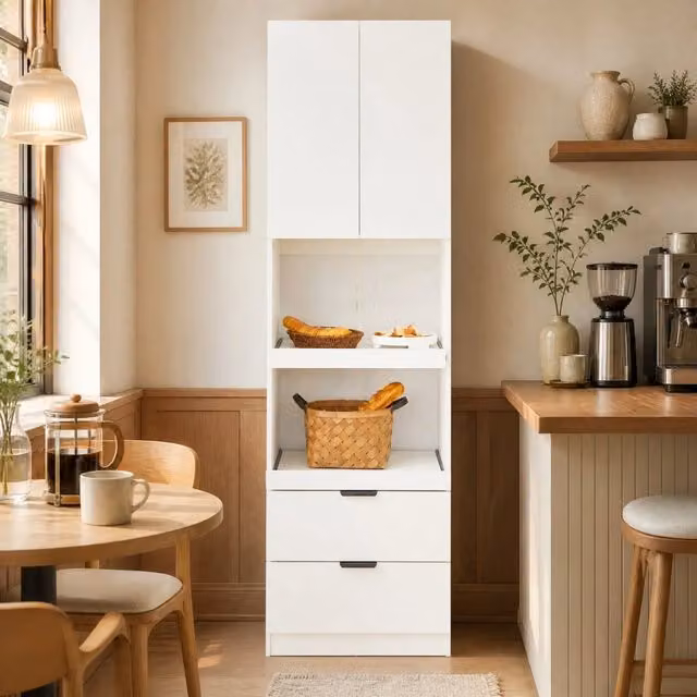 Mobile colonna cucina Mivray moderna in MDF bianco con ante a battente, cassetti interni e ripiani aperti, L/P/H: 59.5 x 45 x 200 cm