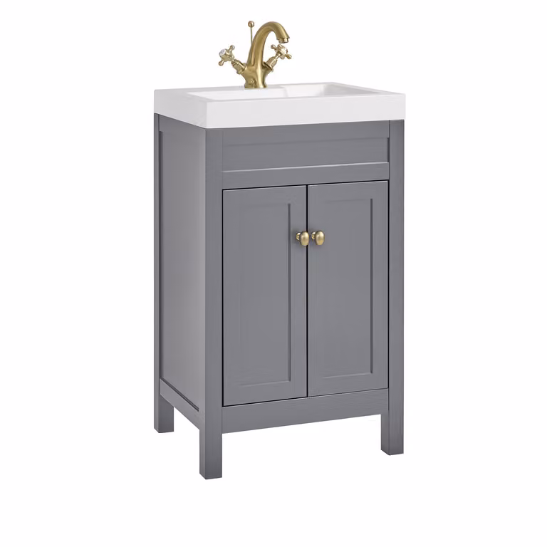 Mobile Bagno Grigio Chiaro da 500mm con Lavabo e Maniglia Classica Rotonda in Oro Satinato - Warwick
