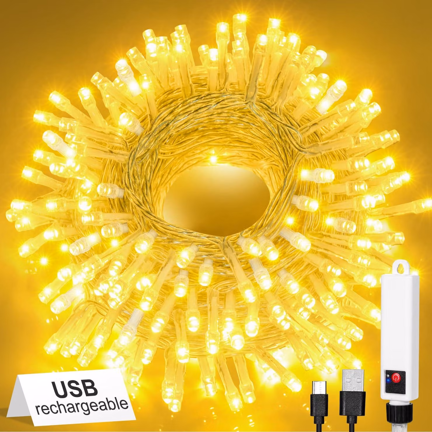 Luci a LED a forma di fatina, ricaricabili tramite USB, luce bianco caldo, lunghezza 10 metri, 100 LED