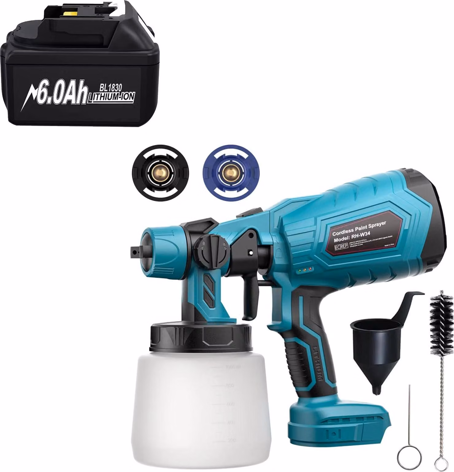 Pistola di verniciatura ricaricabile - Spruzzatore da 18 V - Compatibile con BL1830/BL1860 - Li-Ion - Celle 18650 - Grigio