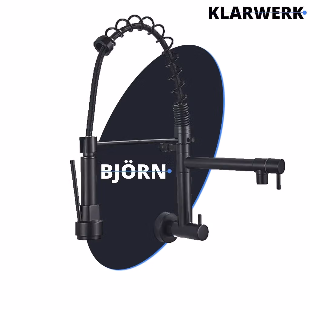 Rubinetto professionale Björn per gastronomia a parete in acciaio inox nero opaco con doppia doccia e beccuccio girevole – 2
