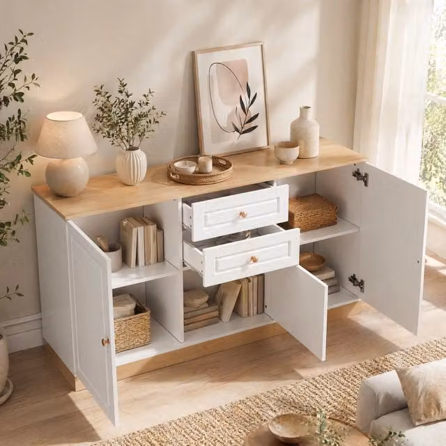Sideboard moderno in MDF e legno bianco e marrone con doppie ante e cassetti per soggiorno o sala da pranzo